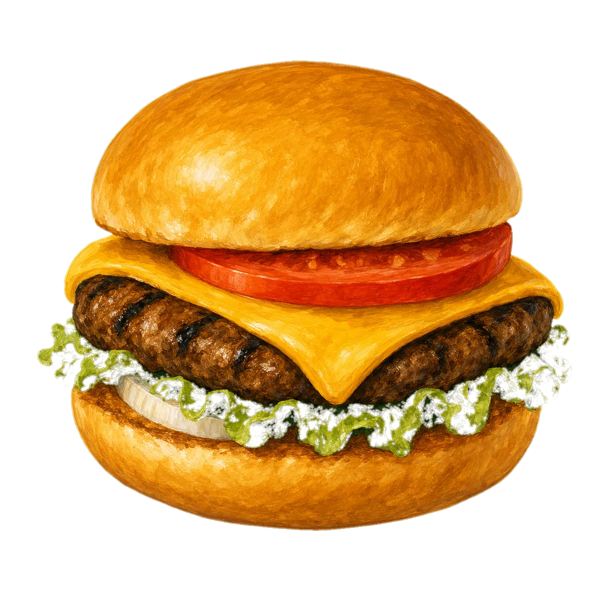 Illustrated Fosters Freeze cheeseburger with cheese, tomato, lettuce and onion.