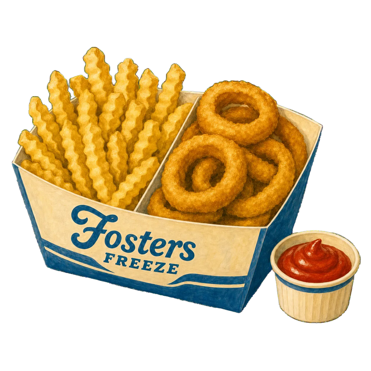 Illustrated Fosters Freeze paper boat with crinkle-cut fries and onion rings, plus a small ramekin of ketchup.
